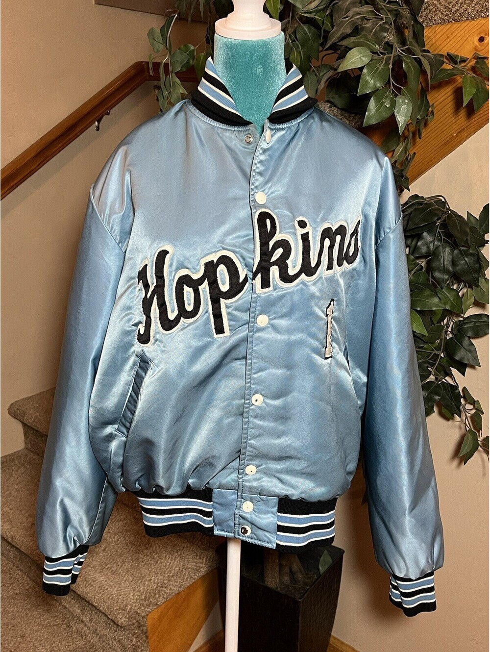 RARE Vintage 80s John Hopkins Blue Jays Satin Bomber Jacket Size 46 XL Blue
